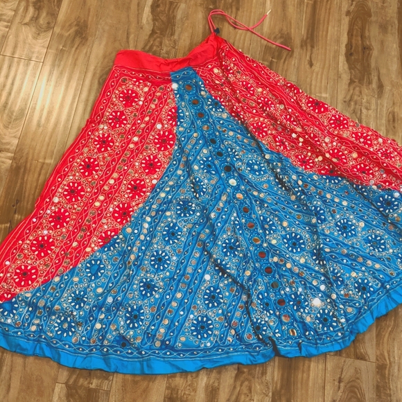 Bright Blue and Pink Indian Embroidered Mirror Skirt